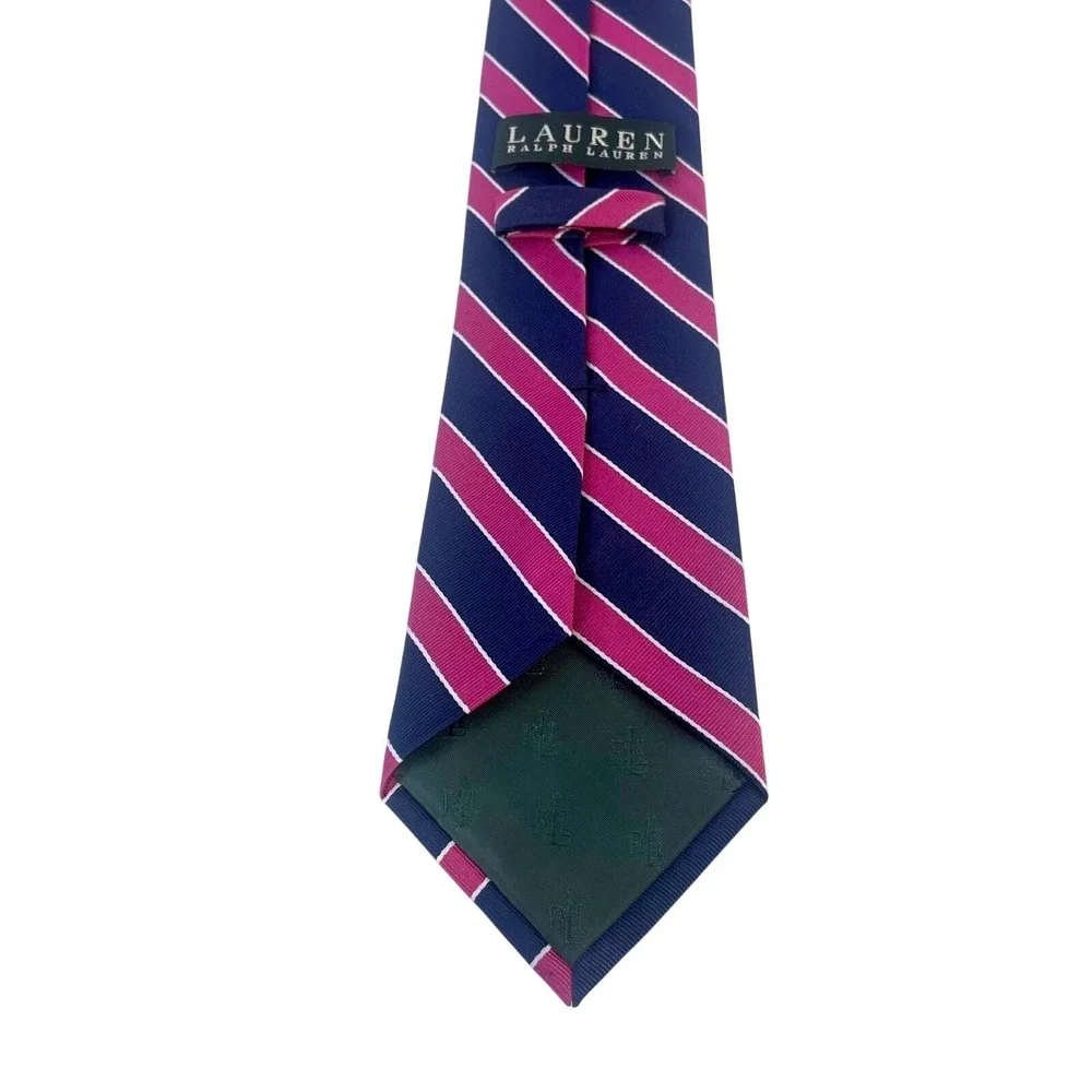 Lauren Ralph Lauren Silk‎ Repp Tie Stripe Navy Pink White Hand Made - Picture 14 of 16